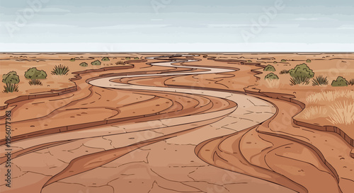 Winding dry riverbed through a parched desert landscape illustration with sparse plants