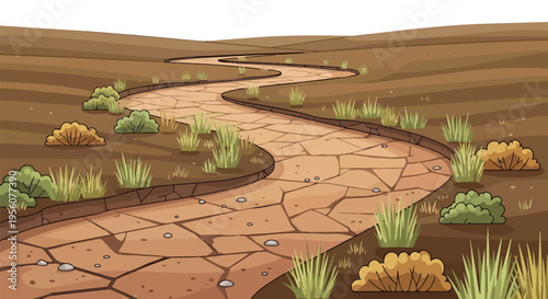 A winding earthen pathway with cracked ground meanders through a parched landscape, featuring scattered green and brown desert vegetation under an