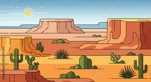Minimalist desert landscape vector art featuring diverse cacti and towering mesas under a clear sunny sky, capturing the essence of arid natural