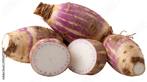 A vibrant display of fresh, raw turnips on a black background