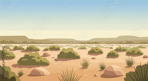 Vast arid landscape illustration with diverse desert flora and distant mountains under a clear sky