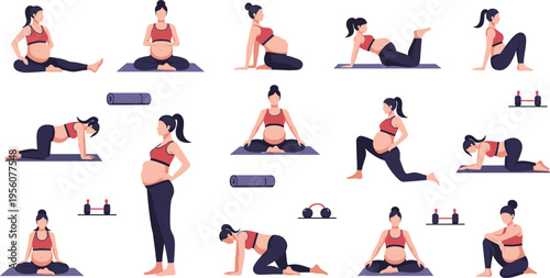 Pregnant Women Workout and Yoga Exercise Illustration Set with Maternity Fitness Poses and Prenatal Wellness Activities for Healthy Pregnancy Vector Collection
