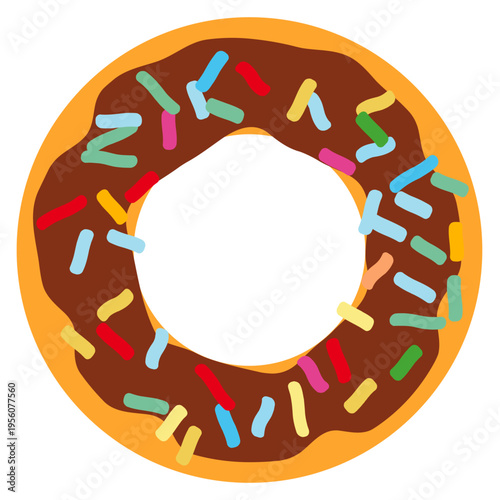 Chocolate donut flat vector illustration in cartoon style. Cute sweet pastry with glaze and sprinkles isolated on background. Playful dessert icon for bakery design and children’s prints.