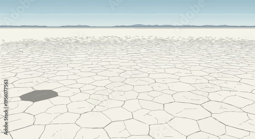 Expansive panorama of arid cracked earth stretching towards distant hazy mountains under a clear sky
