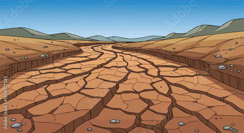 A vivid cartoon depiction of an extremely dry cracked riverbed under a clear blue sky, illustrating severe environmental drought conditions and arid