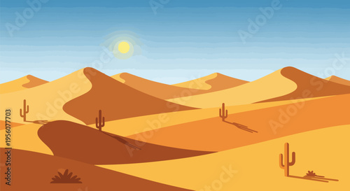 Arid desert expanse showcasing rolling golden dunes and unique saguaro cacti silhouettes beneath a vivid sky