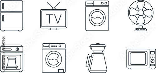 Home appliance icons: refrigerator, tv, washing machine, fan, coffee maker, and microwave symbols for kitchen and household electronics