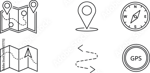 Navigation icons: folded map, map pin, compass, and gps symbols representing travel, direction, and location services