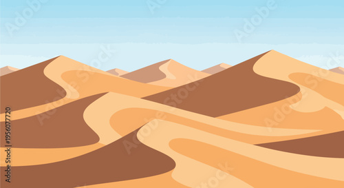 Majestic desert vistas with gently sculpted sand formations beneath a boundless clear sky