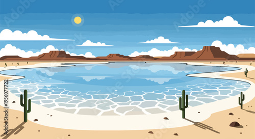 Desert salt lake landscape with distant mountains, saguaro cacti, and a stunning reflection under a clear blue sky creating a tranquil, beautiful,