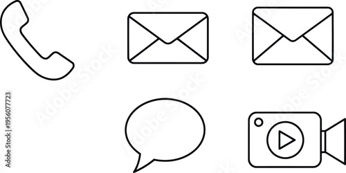 Contact icons: phone handset, envelopes, chat bubble, and camera symbols for communication channels and customer service, video camera