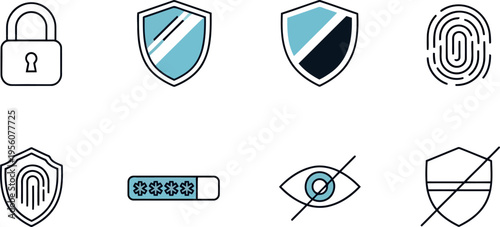 Cybersecurity icons: padlock, shields, fingerprint, password bar, and eye symbol representing online security, privacy, and access control