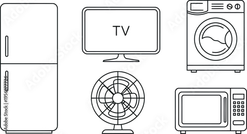 Set of household appliance icons: refrigerator, tv, washing machine, fan, microwave. simple line art symbols for home electronics and appliances, living room