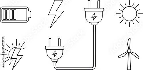 Energy and power icons: battery, lightning bolt, electrical plug, sun, wind turbine. line art symbols for renewable energy and power sources, energy icon