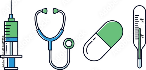 Medical equipment icons: syringe, stethoscope, pill capsule, thermometer. line art symbols for healthcare, medicine, and treatment, medical icon