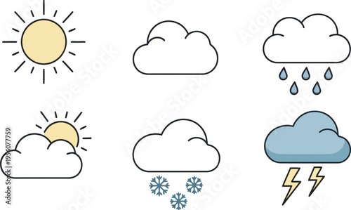 Weather forecast icons: sun, clouds, rain, snow, lightning. simple line art symbols for weather conditions and climate, weather icon