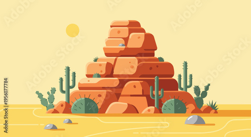 A flat design illustration of a vibrant desert landscape featuring a towering sandstone mesa and various cacti under a warm, clear, expansive sky