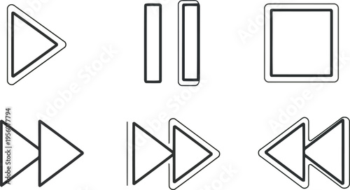 Line icons for media playback controls: play button, pause symbol, stop square, fast forward, rewind