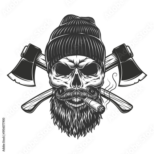 Bearded Skull Emblem – Axes and Cigar Illustration
