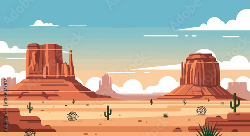 Expansive desert panorama featuring majestic flat-topped mountains under a serene blue sky, adorned with scattered cacti and rolling tumbleweeds. A