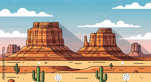 A captivating vector illustration of a vast desert landscape, showcasing majestic sandstone mesas under a clear blue sky with fluffy white clouds,