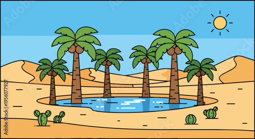 Vibrant desert oasis illustration featuring tall palm trees surrounding a tranquil blue pool under a bright sun with subtle sand dunes and small