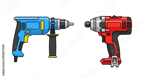 Cartoon illustration of two power drills blue and red