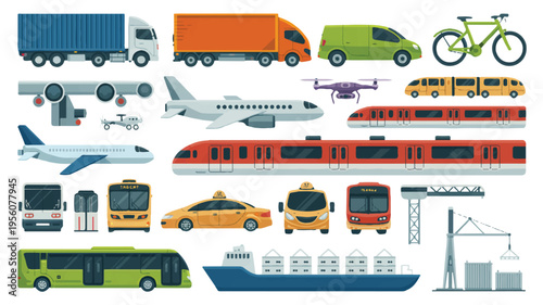 Diverse collection of transportation vehicles and modes with container ship