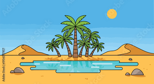 Vibrant desert oasis illustration featuring towering palm trees reflecting in a tranquil clear blue pool under a bright yellow sun and undulating