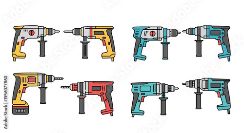 Colorful illustration depicting various electric drills in a linear style