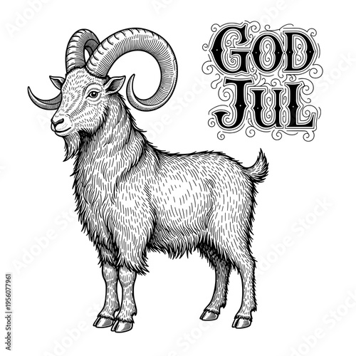 Vintage Engraving Style Illustration of a Majestic Ram with 'God Jul' Calligraphy for Christmas Celebrations