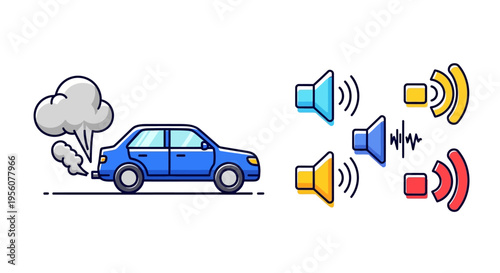 Broken down car emitting smoke and surrounded by loud speaker icons