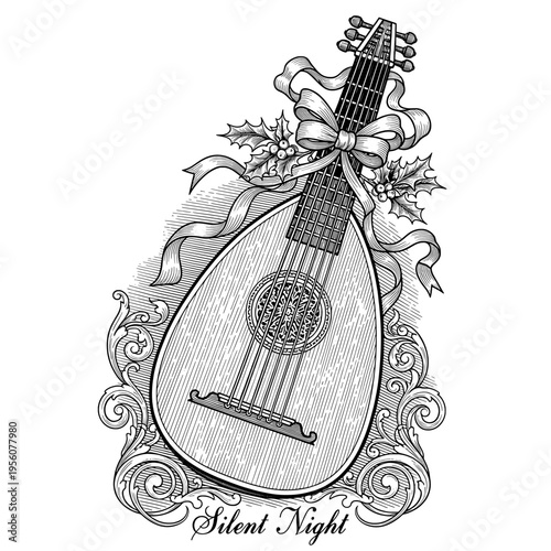 A Detailed Vintage Engraving of a Lute Decorated for Christmas with Holly and a Ribbon