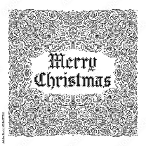 Ornate Black and White Vintage 'Merry Christmas' Greeting Card with Intricate Baroque Floral Frame Design