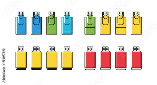 Colorful usb flash drives arranged in two rows flat vector illustration