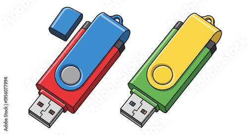 Colorful illustration of two usb flash drives with removable caps