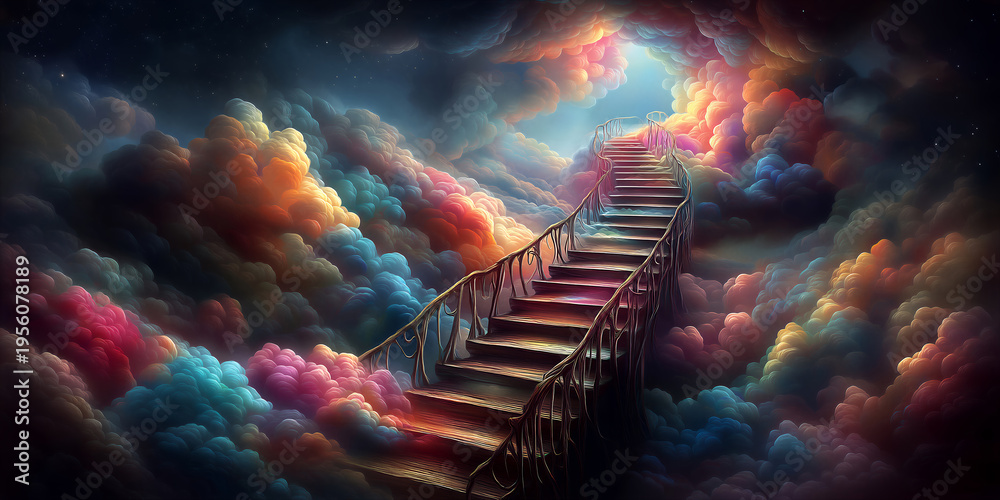 Obraz premium Celebration with illuminating clouds and cozy surroundings. Luminous staircase rises into fluffy clouds illuminated by colorful decorations