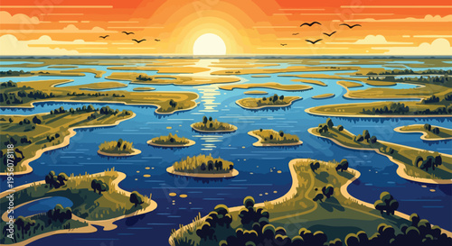 Serene sunset over a sprawling river delta with countless verdant islands and birds in flight