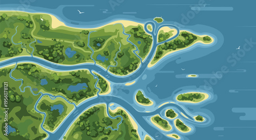 Coastal delta aerial illustration, showing green land and blue water with islands, a serene and vibrant natural environment perfect for maps and