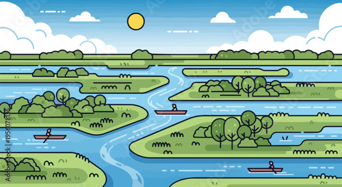 A charming graphic illustration of a serene river landscape with small boats navigating winding waterways, surrounded by lush green islands under a