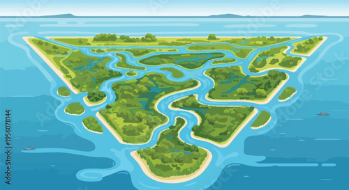An intricate aerial perspective of a lush delta landscape featuring numerous winding waterways meandering through verdant islands and coastal