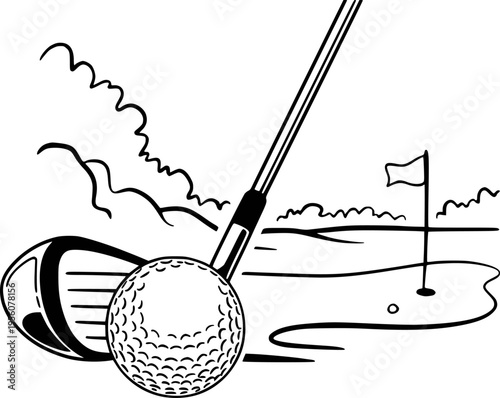 Golf Club and Ball White Background with Golf Course and Clouds sport equipment