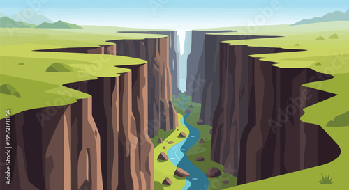 Expansive vector illustration of a majestic deep natural canyon. Steep rock walls plunge to a winding river, surrounded by verdant plains under a
