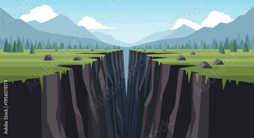 A profound geological chasm bisecting vibrant green fields with majestic mountains and a clear sky in the background vector illustration landscape