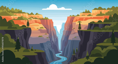 A vibrant illustration depicting a grand river carving its path through a majestic canyon under a clear sky.
