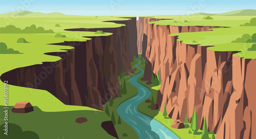 Expansive green landscape with a majestic river canyon cutting through the vibrant plains, featuring towering rock walls and a winding blue stream