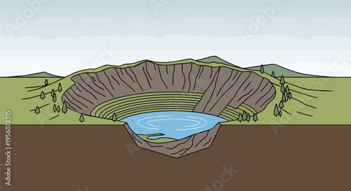 Detailed cross-section illustration of a volcanic crater lake formation showcasing complex geological strata layers and a serene aquatic environment