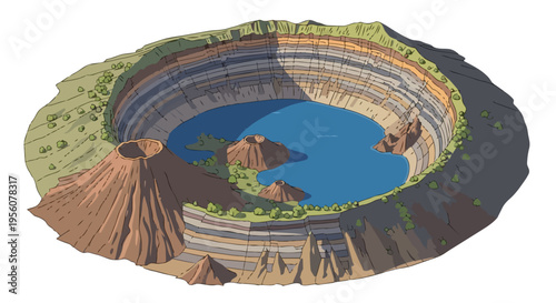 Vivid educational illustration detailing a vast volcanic caldera system featuring a serene deep blue lake and exposed multicolored stratified