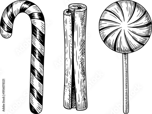 Hand drawn black and white of a candy cane cinnamon sticks and lollipop