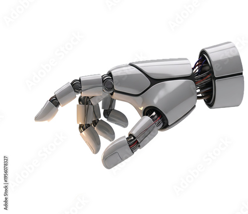 A sleek, futuristic robotic hand extends its index finger, pointing forward with precision, symbolizing advancement, artificial intelligence, and innovation in a modern technological design